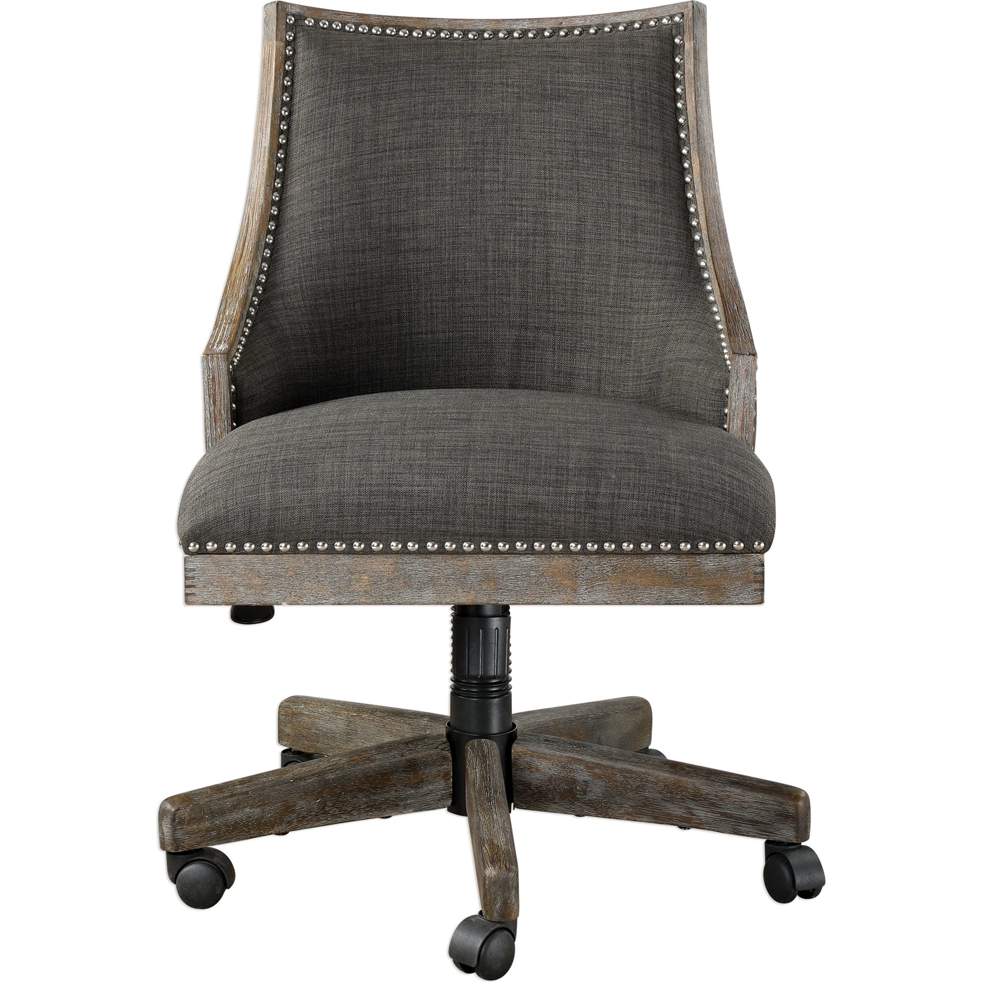 Aidrian Charcoal Desk Chair by Uttermost in charcoal. Made from metal, bent wood, plywood, fabric, foam in a cottage & farmhouse style.