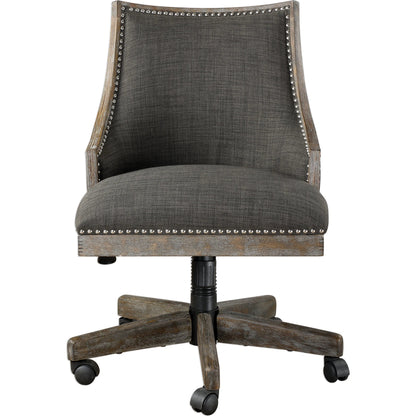 Aidrian Charcoal Desk Chair by Uttermost in charcoal. Made from metal, bent wood, plywood, fabric, foam in a cottage & farmhouse style.