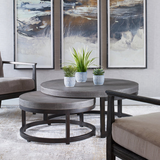 Aiyara Gray Nesting Tables by Uttermost in gray. Made from javawood with particle board carb phase 2, burlap in a modern style.