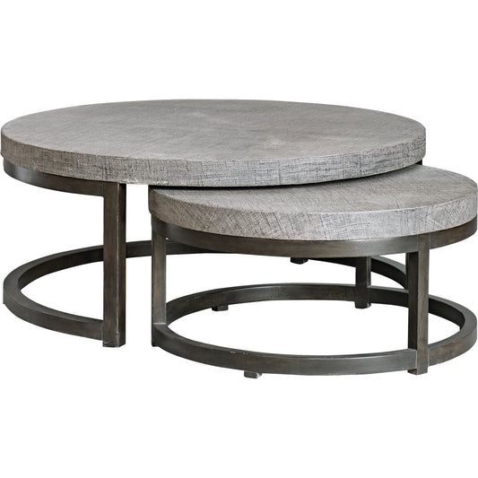 Aiyara Gray Nesting Tables by Uttermost in gray. Made from javawood with particle board carb phase 2, burlap in a modern style.
