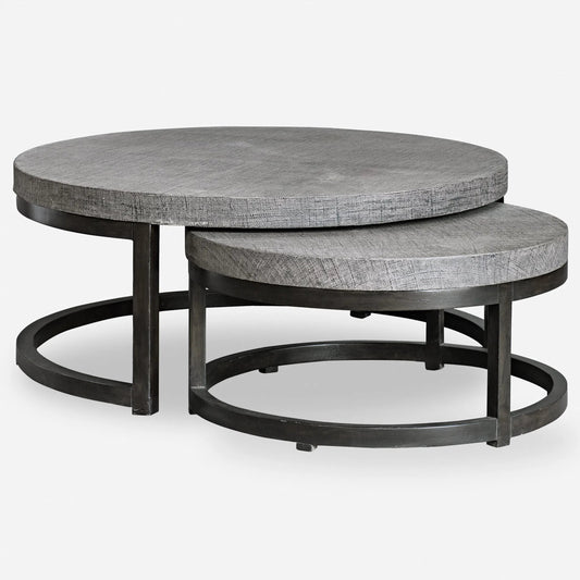 Aiyara Gray Nesting Tables by Uttermost in gray. Made from javawood with particle board carb phase 2, burlap in a modern style.