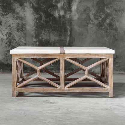 Catali Stone Coffee Table by Uttermost. Made from javawood with plywood carb phase 2, limestone in a transitional style.