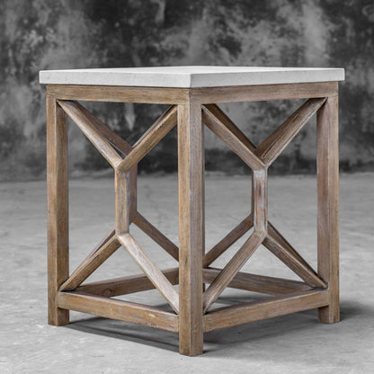 Catali Stone End Table by Uttermost. Made from javawood with plywood carb phase 2, limestone in a transitional style.