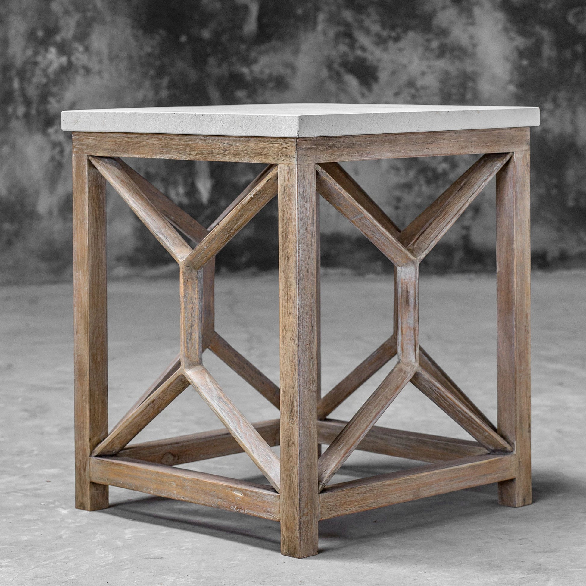 Catali Stone End Table by Uttermost. Made from javawood with plywood carb phase 2, limestone in a transitional style.
