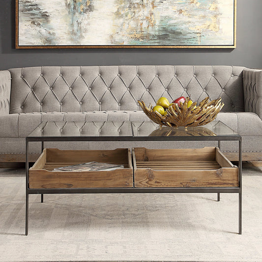 Silas Coffee Table by Uttermost. Made from recycled pine, irontempered glass in a modern style.