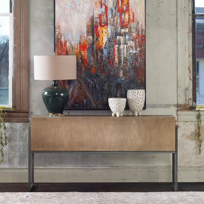 Nevis Contemporary Sofa Table by Uttermost. Made from mdf carb phase 2 with mahogany wood, iron metal in a modern style.