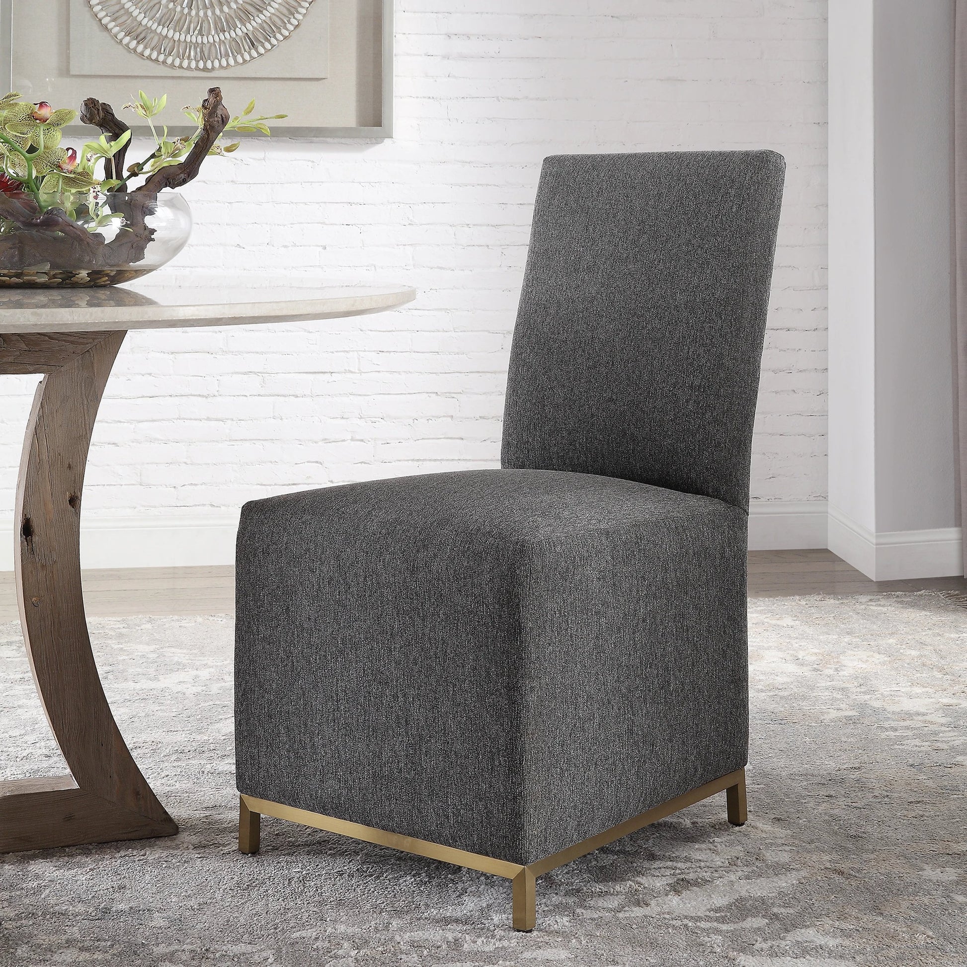 Gerard Armless Chair (Set of 2) by Uttermost in charcoal. Made from hard wood, stainless steel, fabric, foam in a modern style.