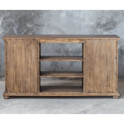 Primalia Barn Door Media Console by Uttermost. Made from mdf carb phase 2 with javawood, mdf in a rustic style.