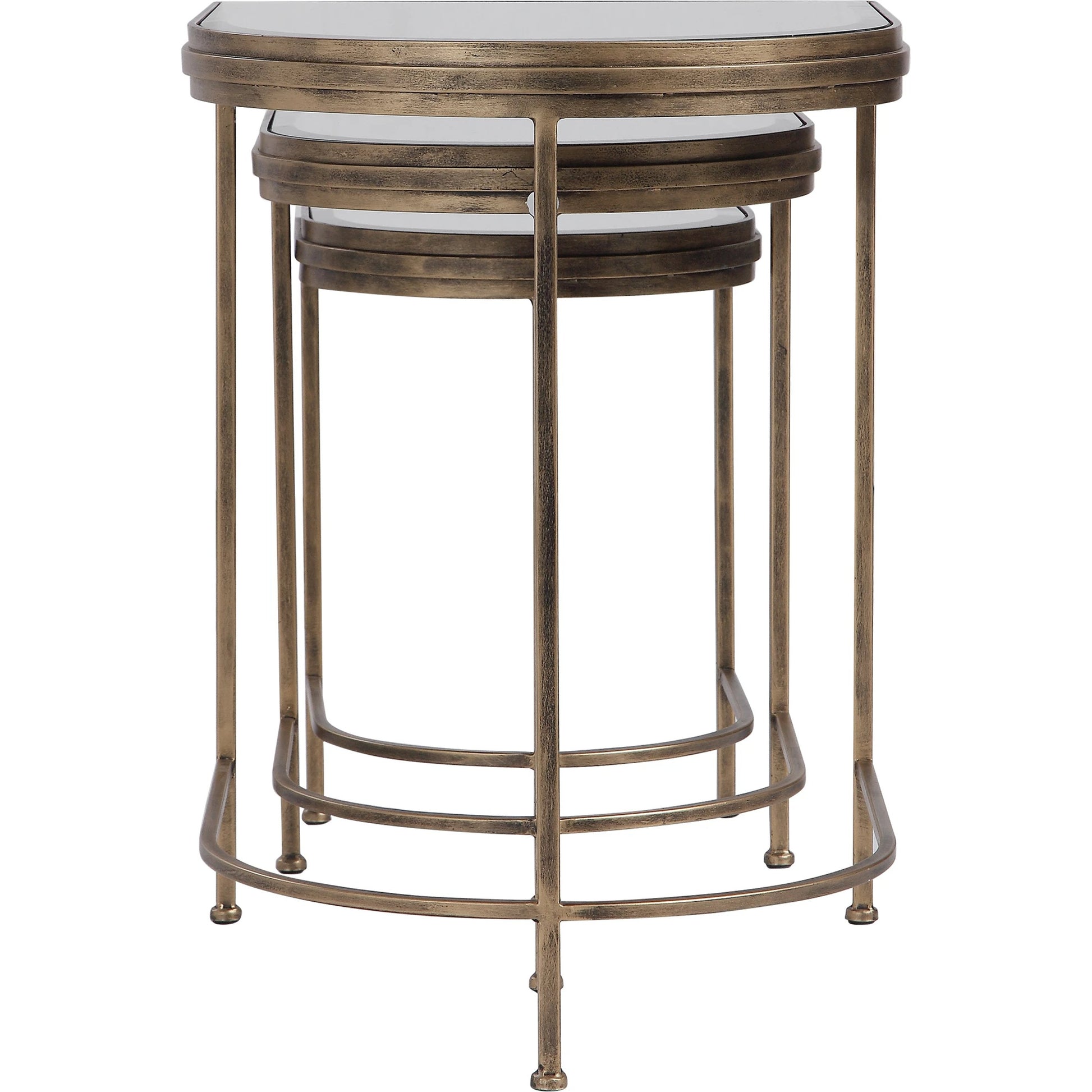 India Nesting Tables by Uttermost in antique brushed gold. Made from mirror 45%, iron 55% in a transitional style.