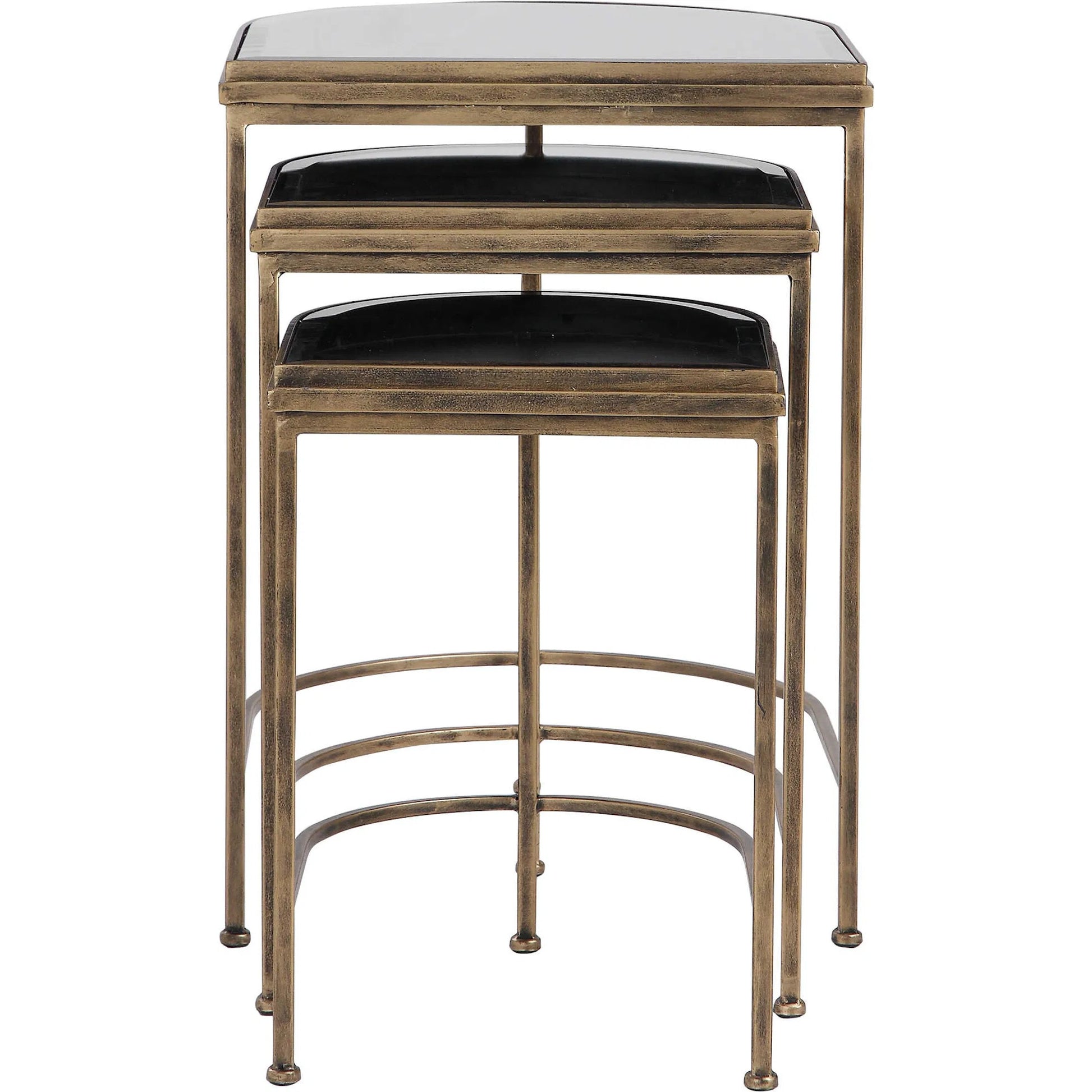 India Nesting Tables by Uttermost in antique brushed gold. Made from mirror 45%, iron 55% in a transitional style.