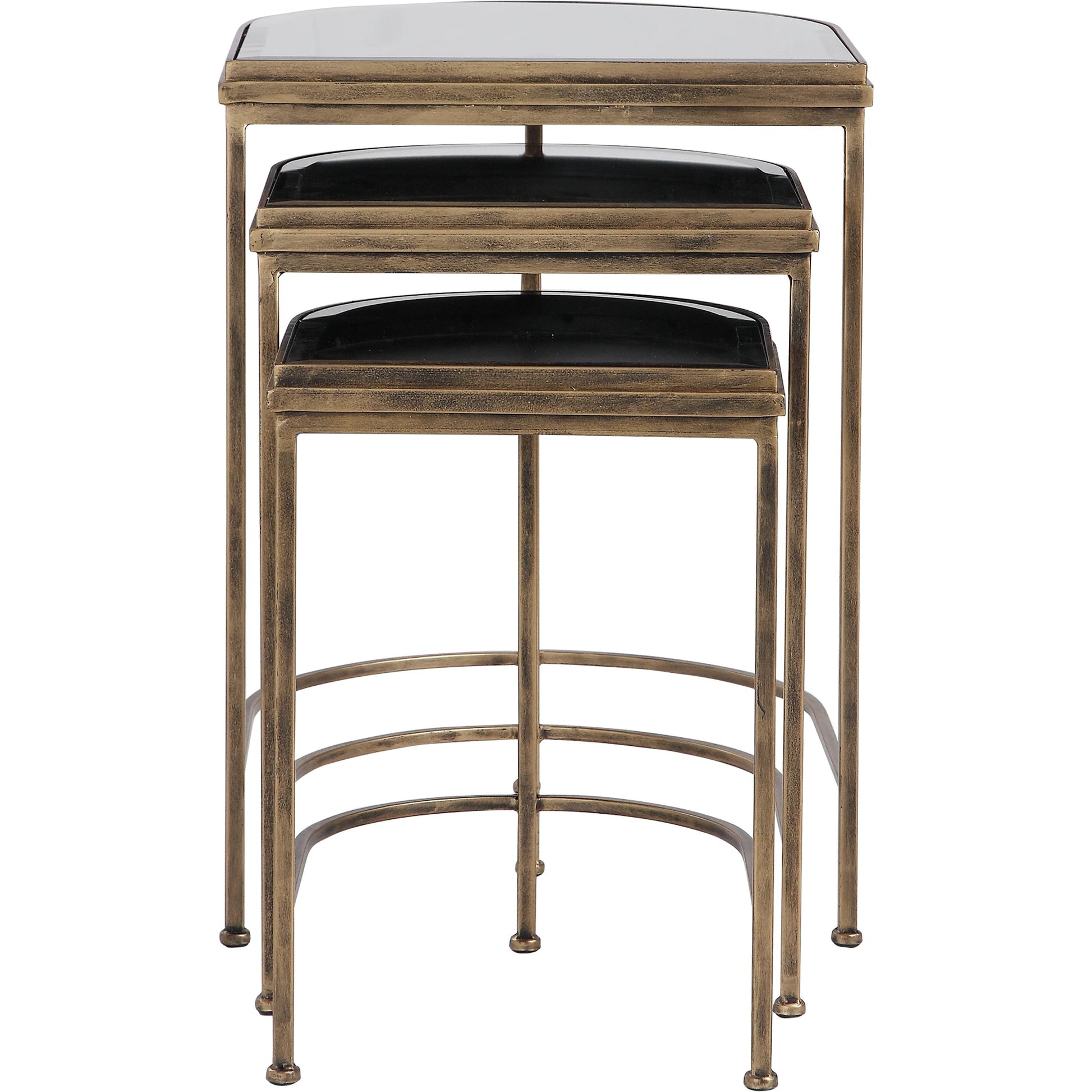 India Nesting Tables by Uttermost in antique brushed gold. Made from mirror 45%, iron 55% in a transitional style.