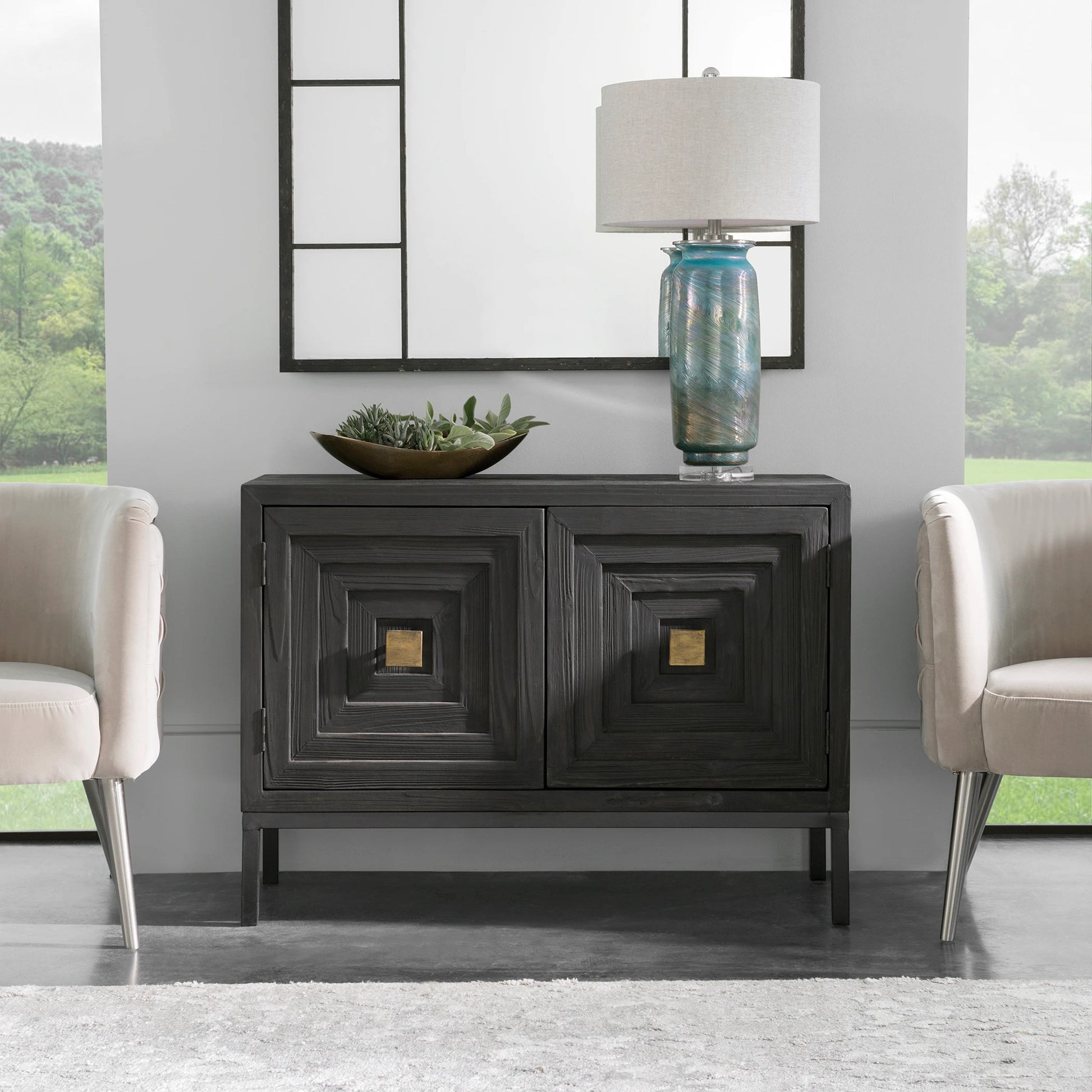 Aiken 2-Door Cabinet by Uttermost in walnut. Made from fir, iron, mdf in a transitional style.