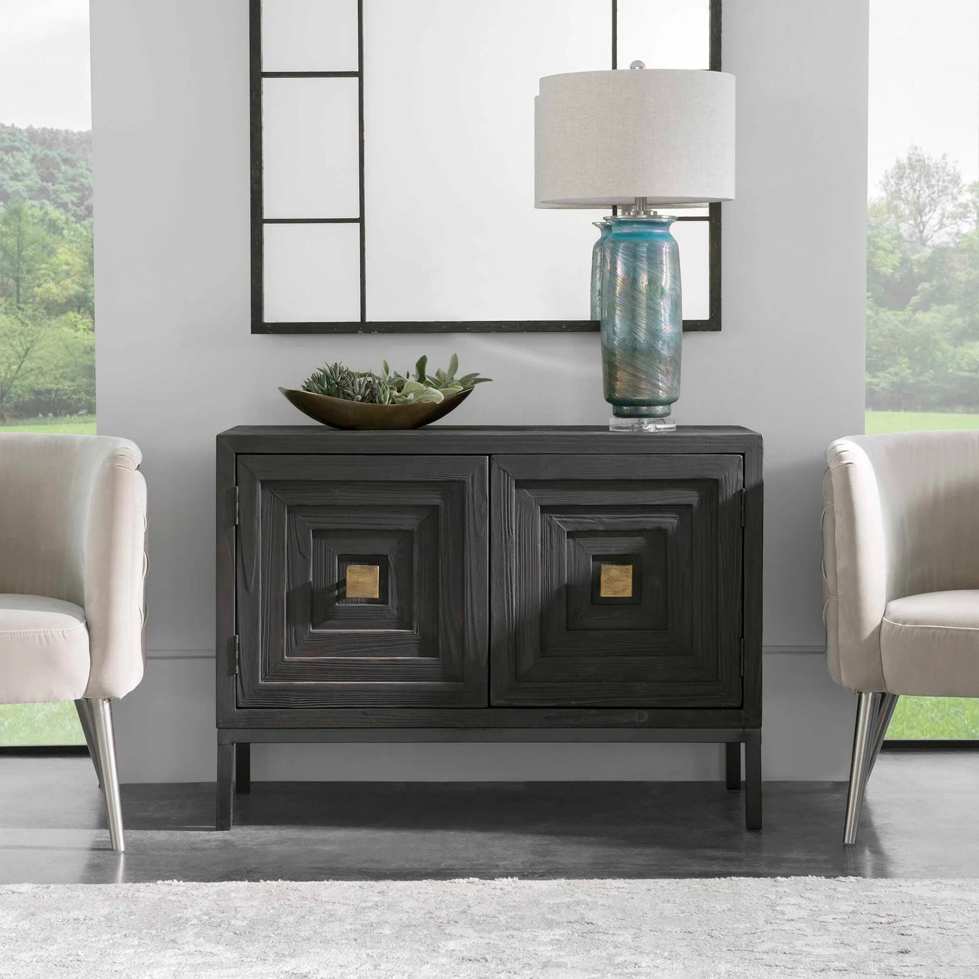 Aiken 2-Door Cabinet by Uttermost in walnut. Made from fir, iron, mdf in a transitional style.