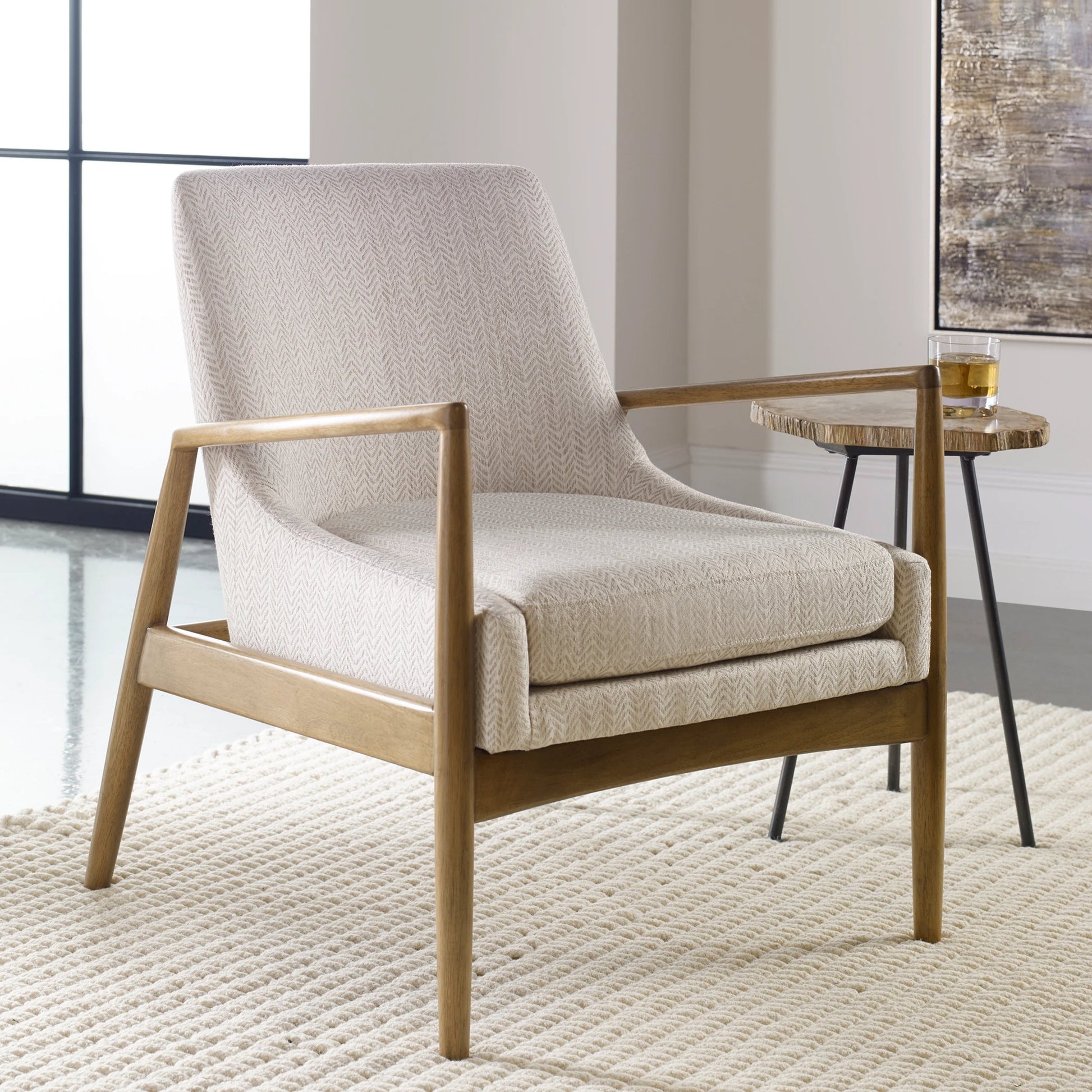 Bev Accent Chair by Uttermost in white. Made from rubber wood, bent wood, foam, fabric in a modern style.
