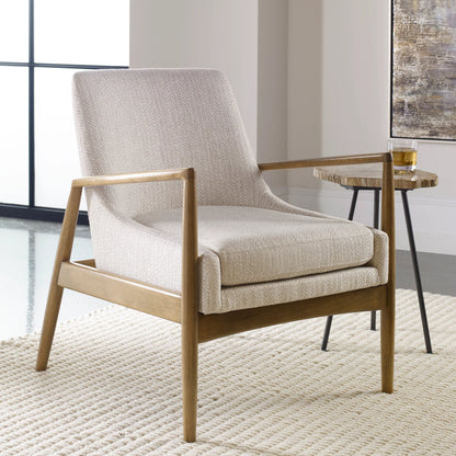 Bev Accent Chair by Uttermost in white. Made from rubber wood, bent wood, foam, fabric in a modern style.