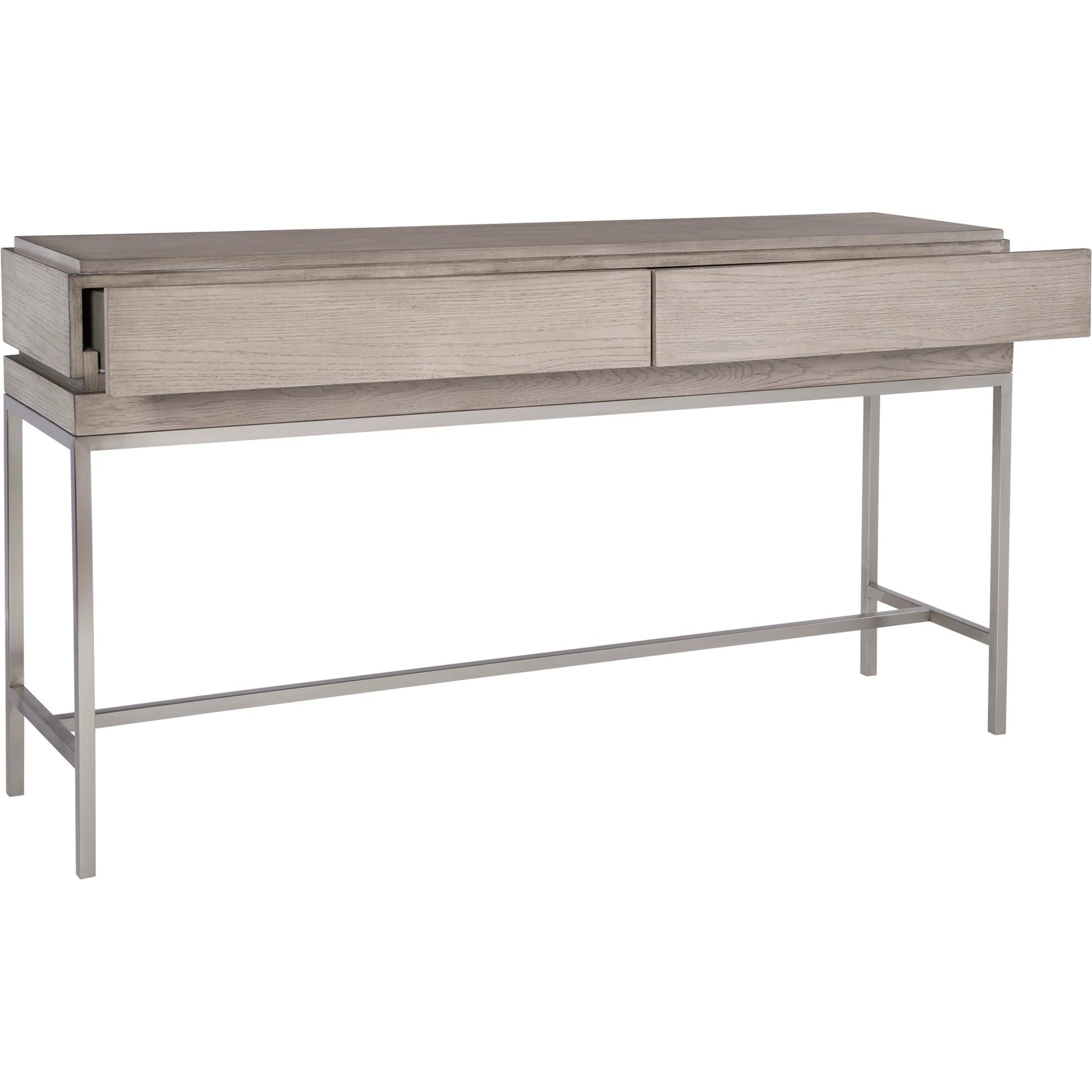 Kamala Console Table by Uttermost in gray. Made from stainless steel, mdf, oak veneer in a modern style.