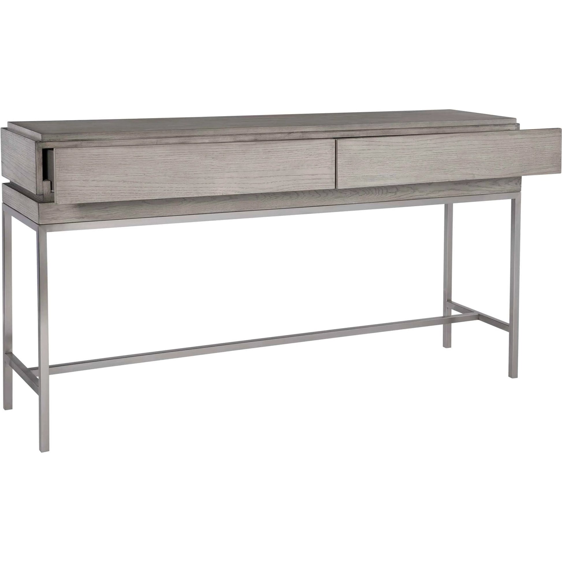 Kamala Console Table by Uttermost in gray. Made from stainless steel, mdf, oak veneer in a modern style.