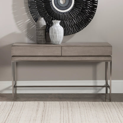 Kamala Console Table by Uttermost in gray. Made from stainless steel, mdf, oak veneer in a modern style.
