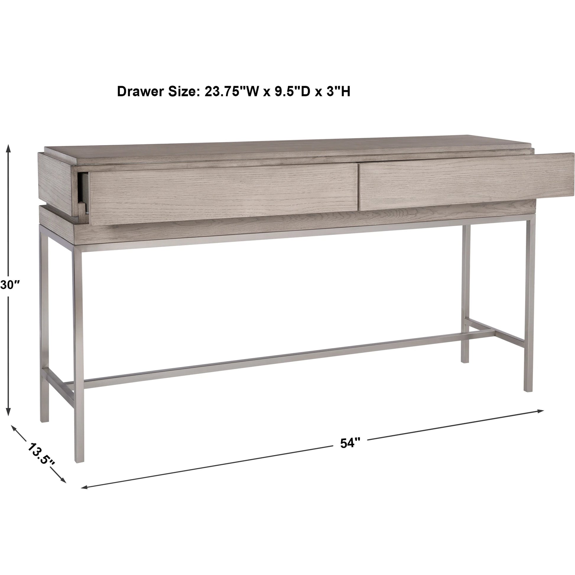 Kamala Console Table by Uttermost in gray. Made from stainless steel, mdf, oak veneer in a modern style.