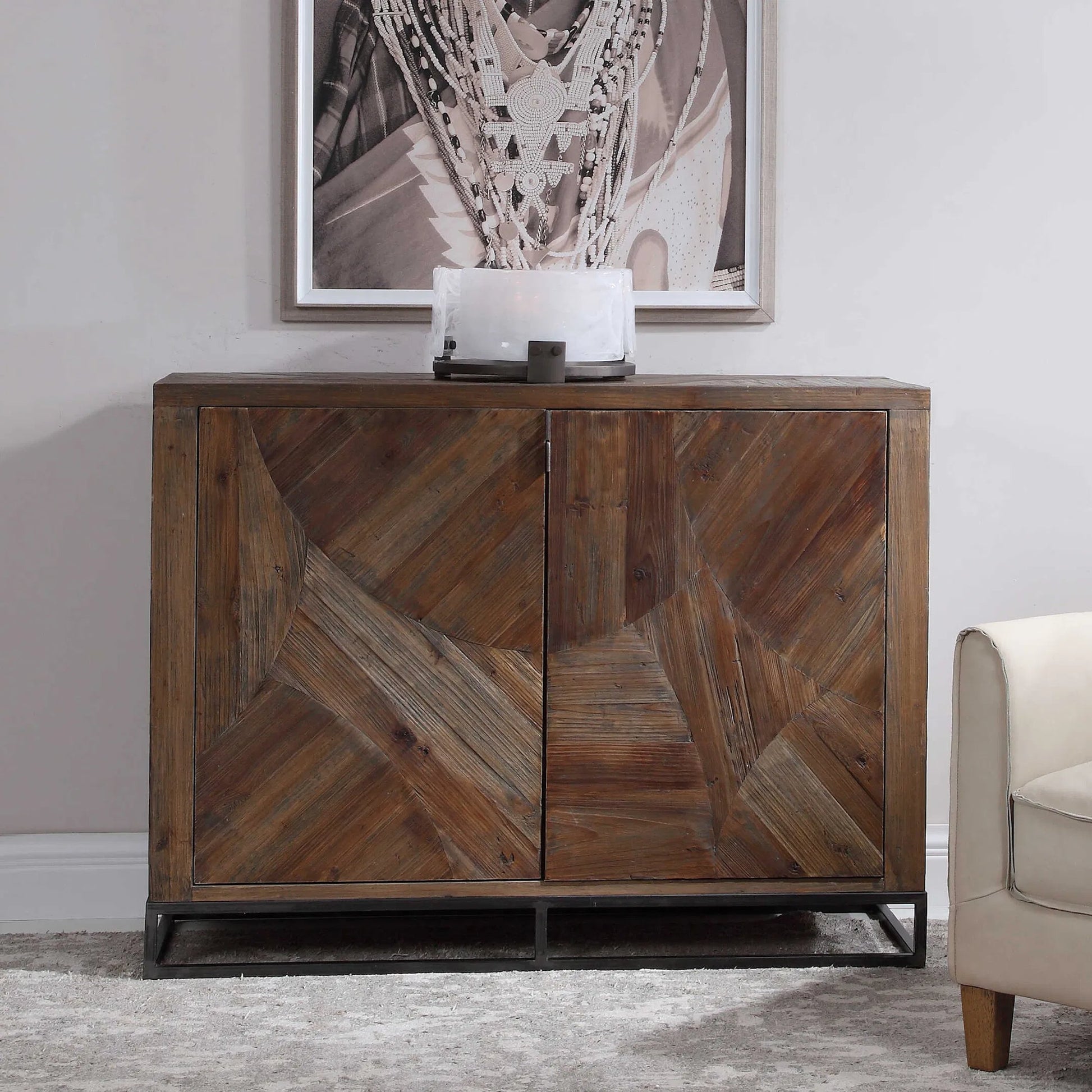 Evros Cabinet by Uttermost. Made from reclaimed fir, plywood, iron in a modern style.