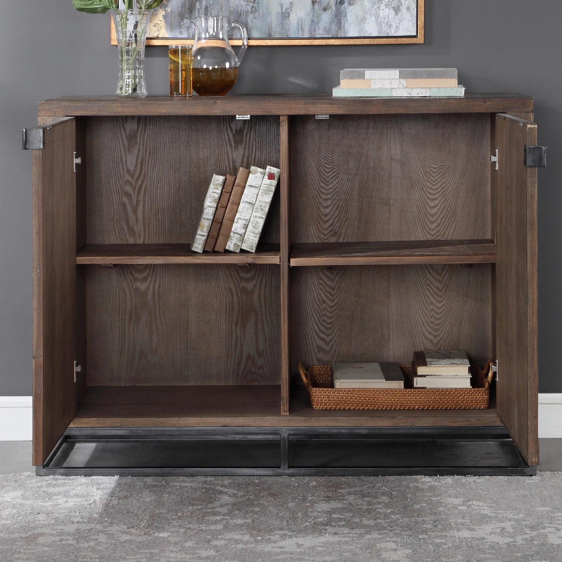 Evros Cabinet by Uttermost. Made from reclaimed fir, plywood, iron in a modern style.