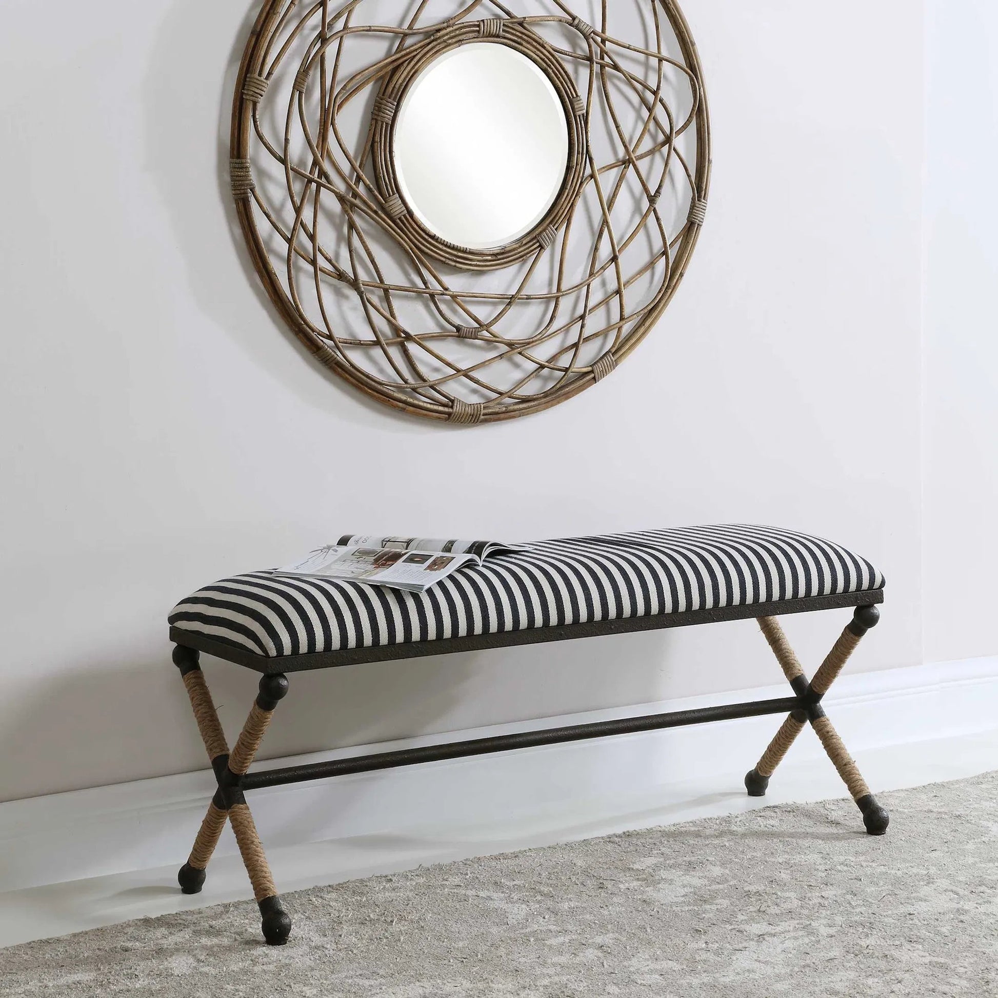 Braddock Bench by Uttermost in navy, cream. Made from iron, mdf, rope, foam, fabric in a coastal style.