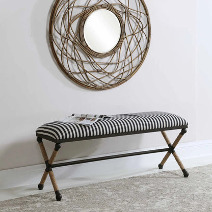 Braddock Bench by Uttermost in navy, cream. Made from iron, mdf, rope, foam, fabric in a coastal style.