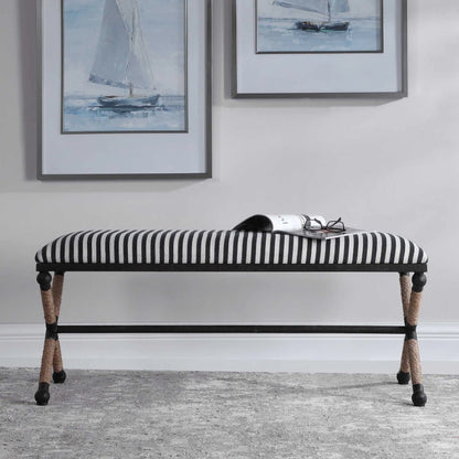 Braddock Bench by Uttermost in navy, cream. Made from iron, mdf, rope, foam, fabric in a coastal style.