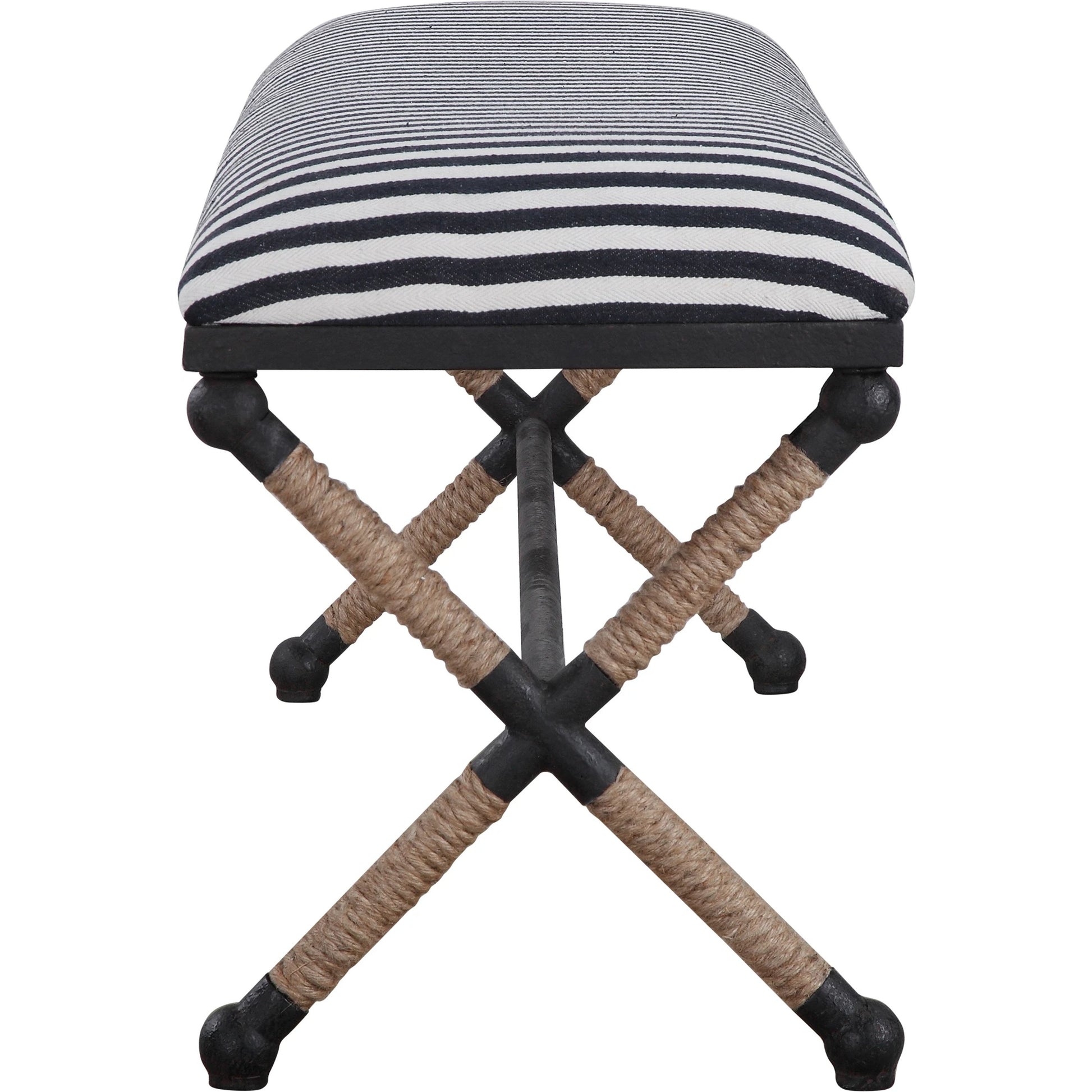 Braddock Bench by Uttermost in navy, cream. Made from iron, mdf, rope, foam, fabric in a coastal style.