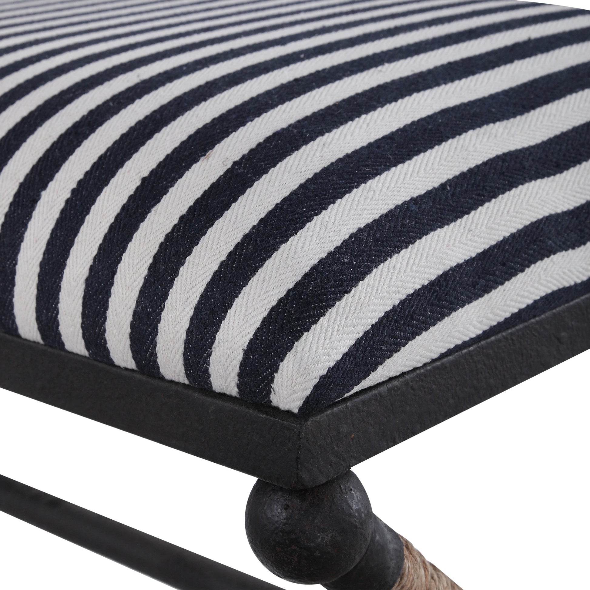 Braddock Bench by Uttermost in navy, cream. Made from iron, mdf, rope, foam, fabric in a coastal style.