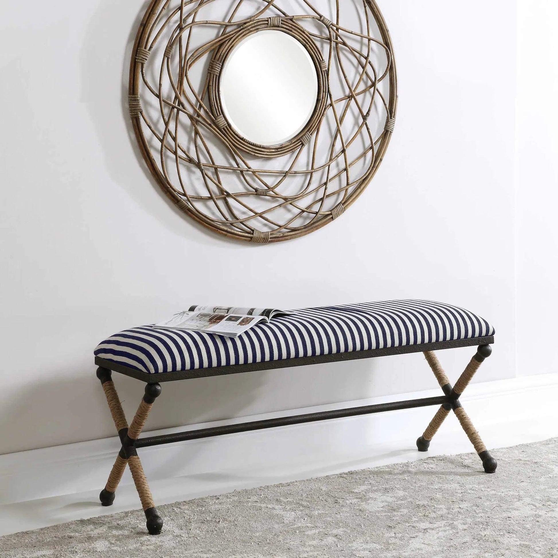 Braddock Bench by Uttermost in navy, cream. Made from iron, mdf, rope, foam, fabric in a coastal style.