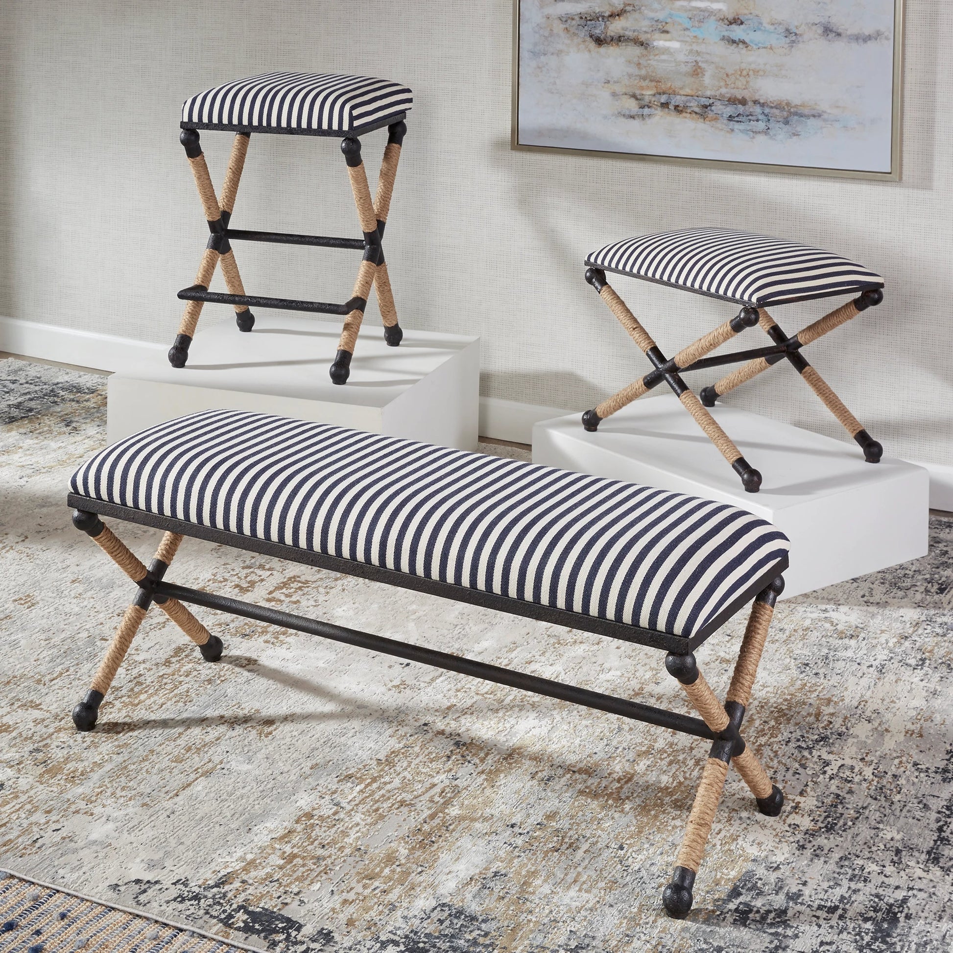 Braddock Bench by Uttermost in navy, cream. Made from iron, mdf, rope, foam, fabric in a coastal style.
