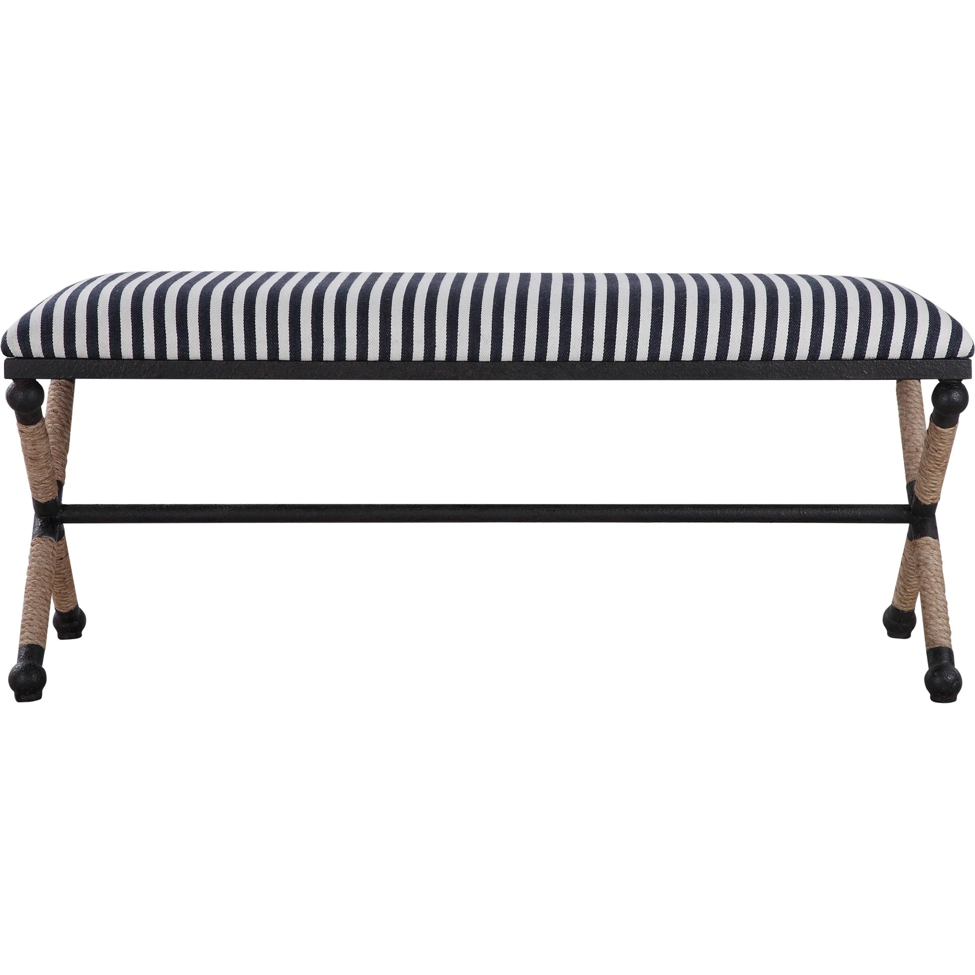 Braddock Bench by Uttermost in navy, cream. Made from iron, mdf, rope, foam, fabric in a coastal style.