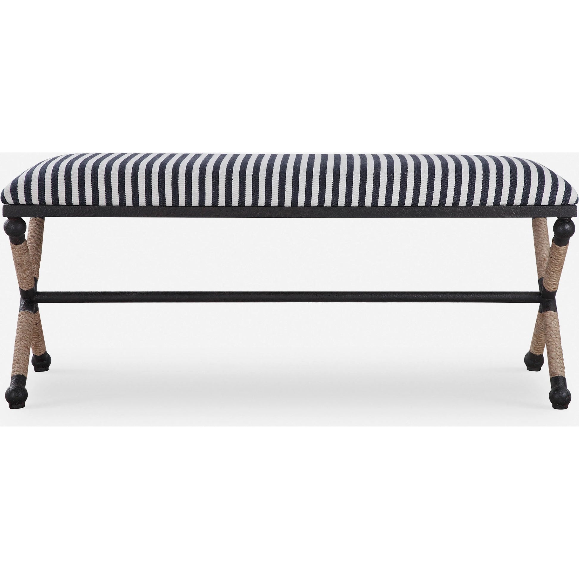 Braddock Bench by Uttermost in navy, cream. Made from iron, mdf, rope, foam, fabric in a coastal style.