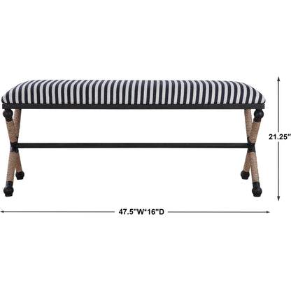 Braddock Bench by Uttermost in navy, cream. Made from iron, mdf, rope, foam, fabric in a coastal style.