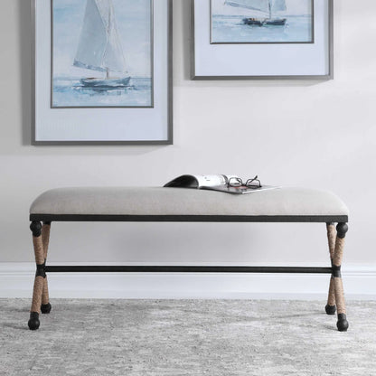 Firth Bench by Uttermost. Made from iron, mdf, rope, foam, fabric in a coastal style.