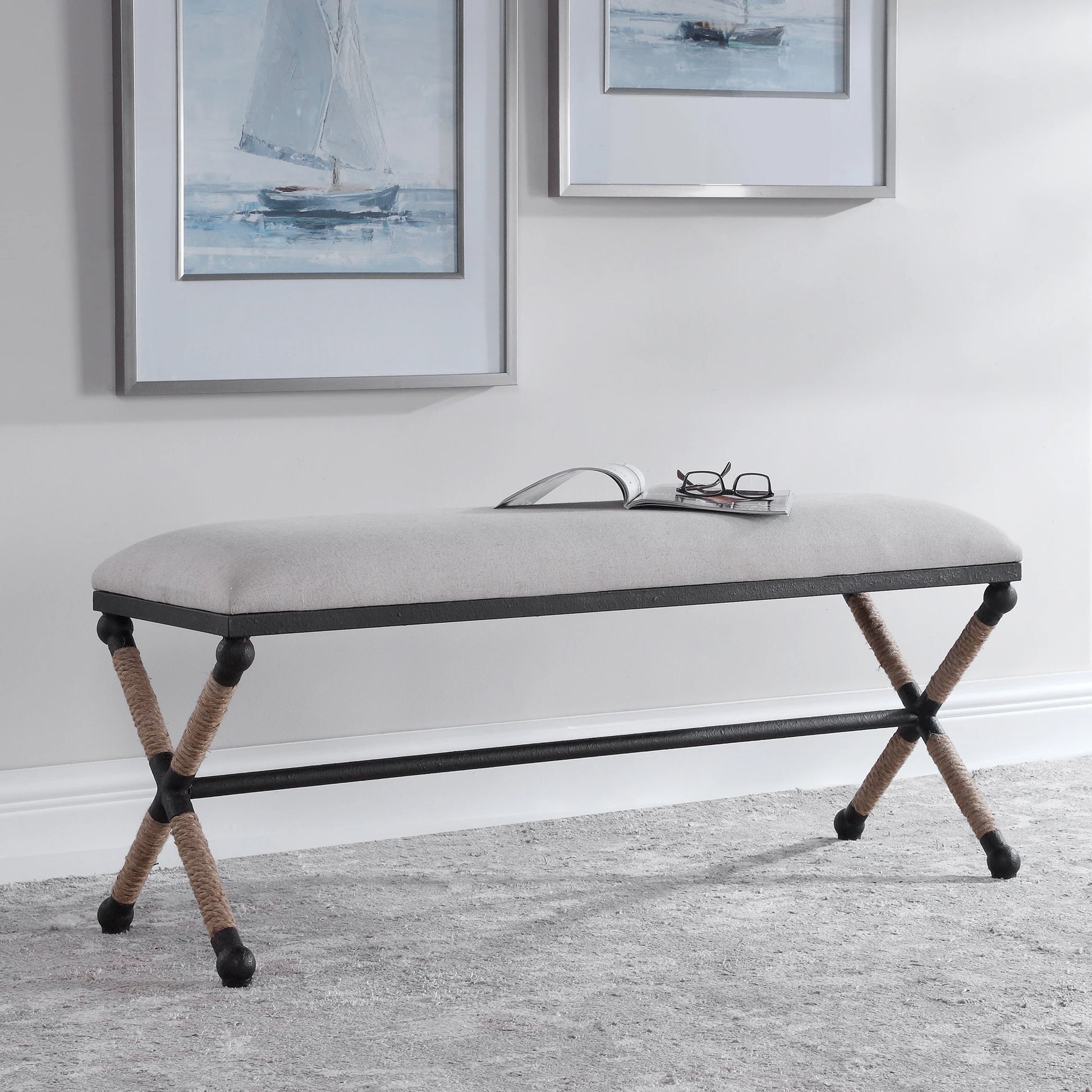 Firth Bench by Uttermost. Made from iron, mdf, rope, foam, fabric in a coastal style.