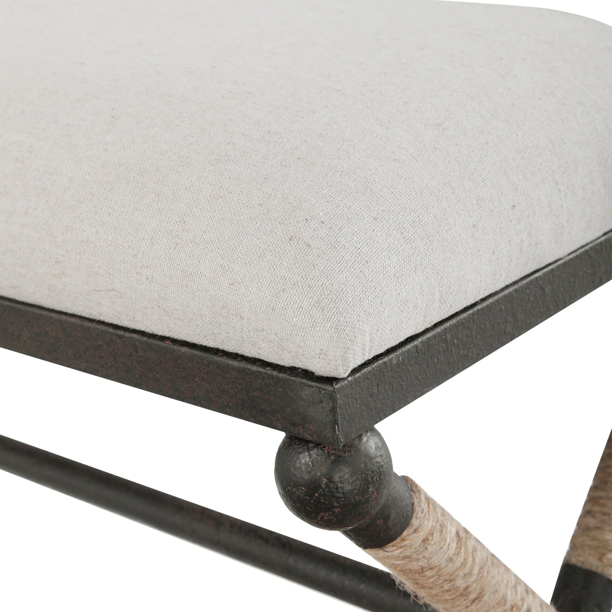 Firth Bench by Uttermost. Made from iron, mdf, rope, foam, fabric in a coastal style.