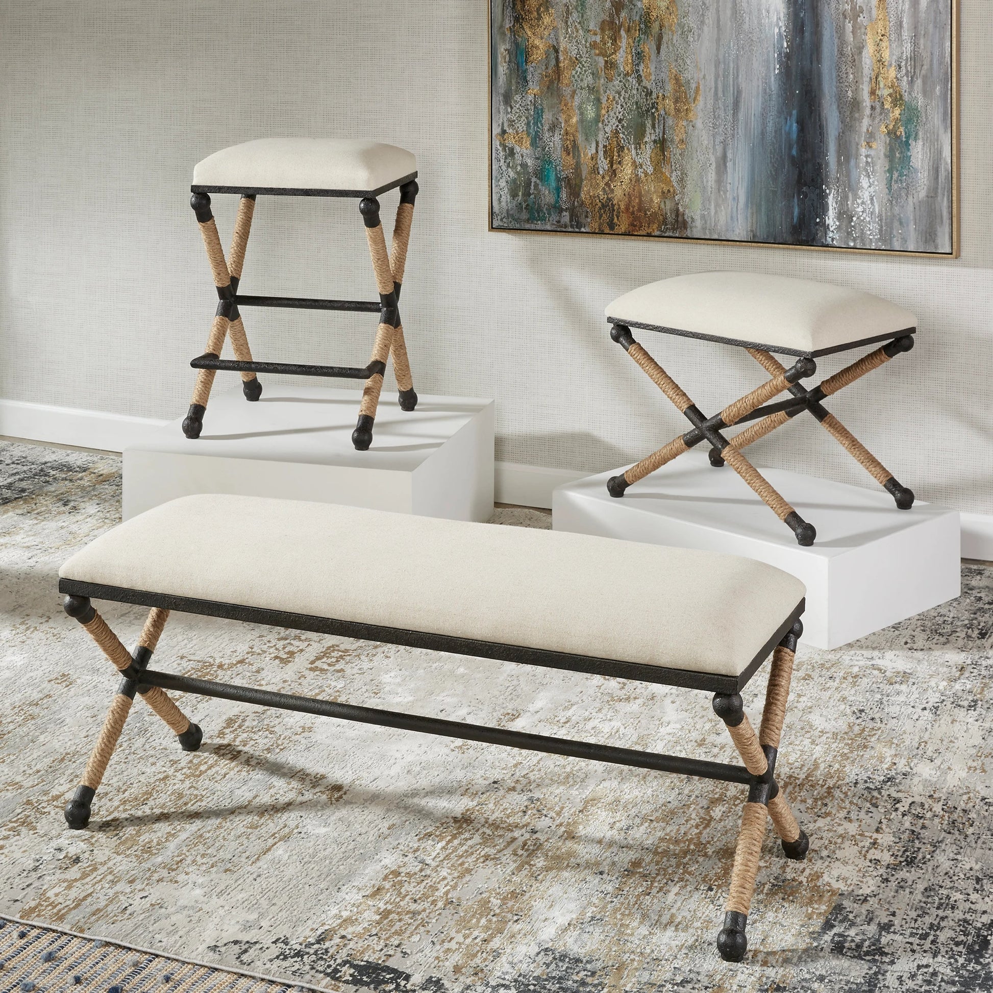 Firth Bench by Uttermost. Made from iron, mdf, rope, foam, fabric in a coastal style.
