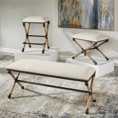 Firth Bench by Uttermost. Made from iron, mdf, rope, foam, fabric in a coastal style.