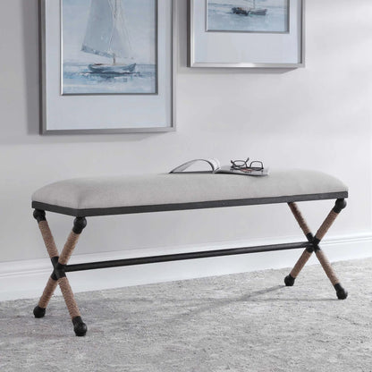 Firth Bench by Uttermost. Made from iron, mdf, rope, foam, fabric in a coastal style.