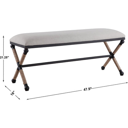 Firth Bench by Uttermost. Made from iron, mdf, rope, foam, fabric in a coastal style.