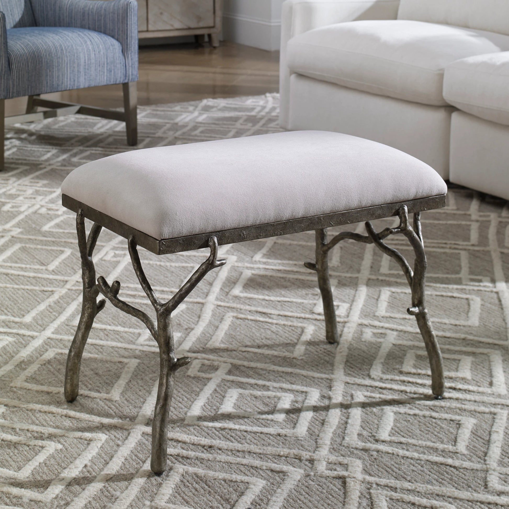 Lismore Fabric Bench by Uttermost. Made from iron, resin, linen, plywood in a rustic style.