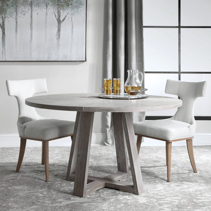 Gidran Dining Table by Uttermost in gray. Made from elm, oak, oak veneer, plywood, iron in a coastal style.