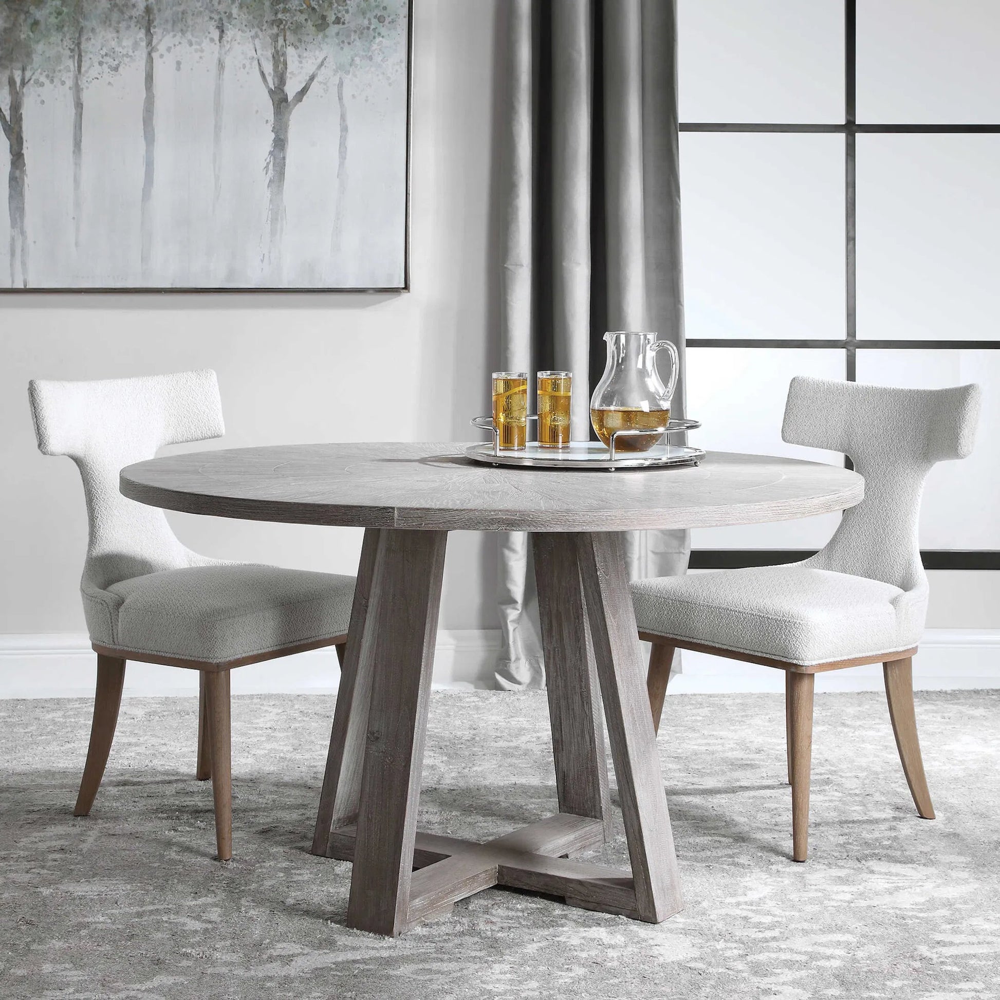 Gidran Dining Table by Uttermost in gray. Made from elm, oak, oak veneer, plywood, iron in a coastal style.