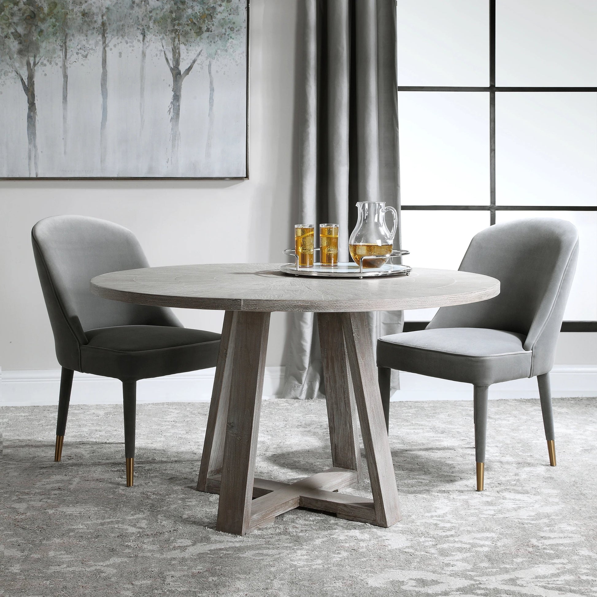 Gidran Dining Table by Uttermost in gray. Made from elm, oak, oak veneer, plywood, iron in a coastal style.