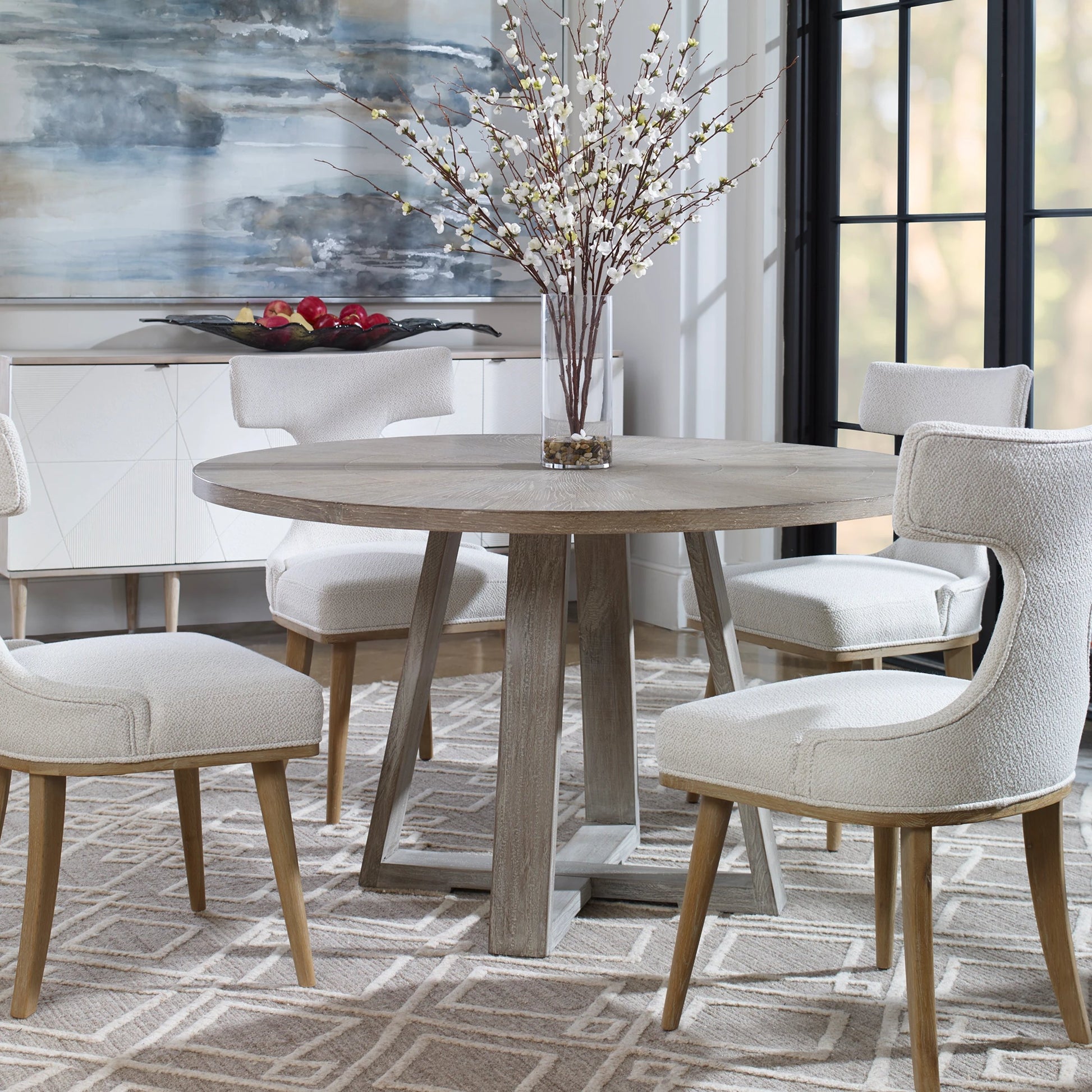 Gidran Dining Table by Uttermost in gray. Made from elm, oak, oak veneer, plywood, iron in a coastal style.