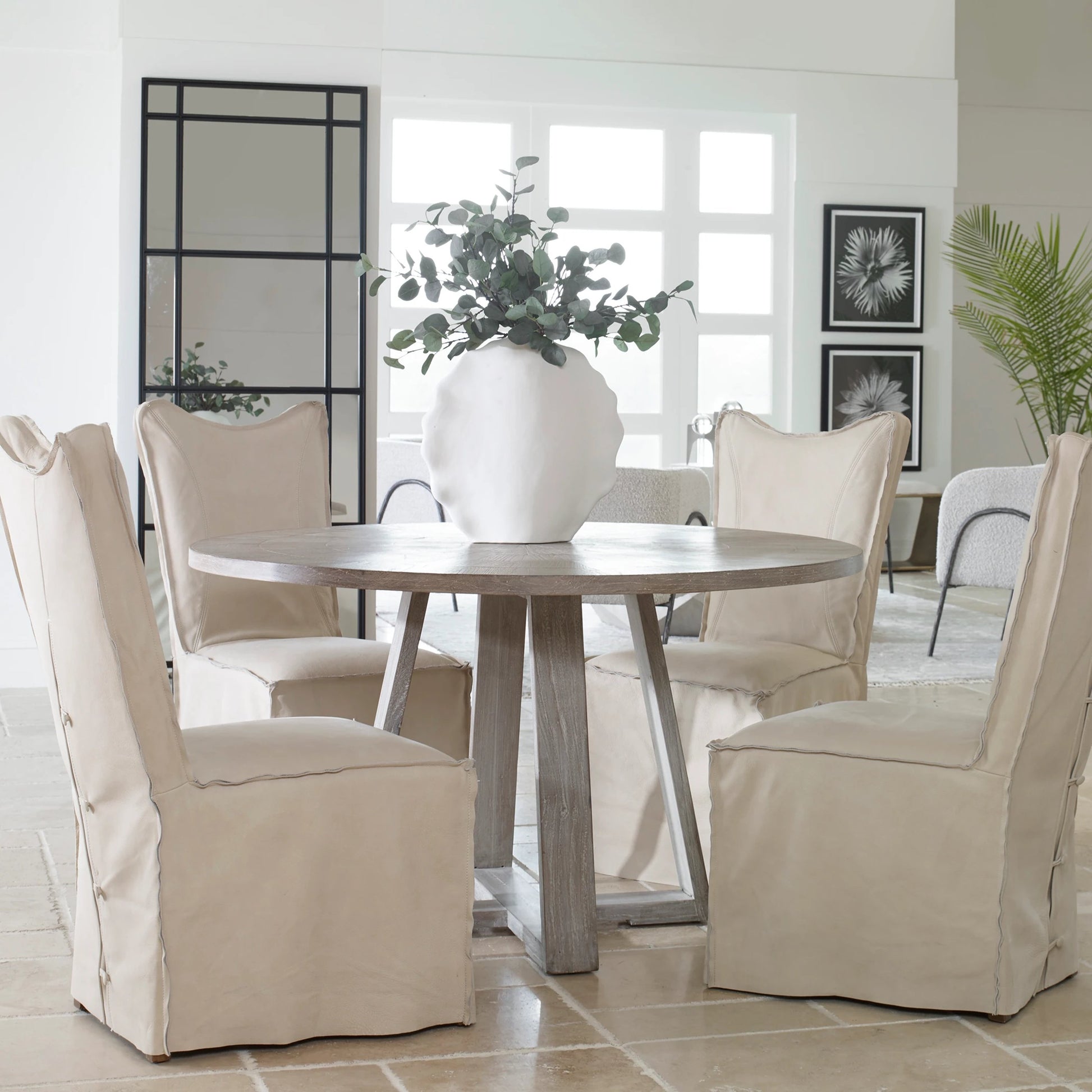 Gidran Dining Table by Uttermost in gray. Made from elm, oak, oak veneer, plywood, iron in a coastal style.