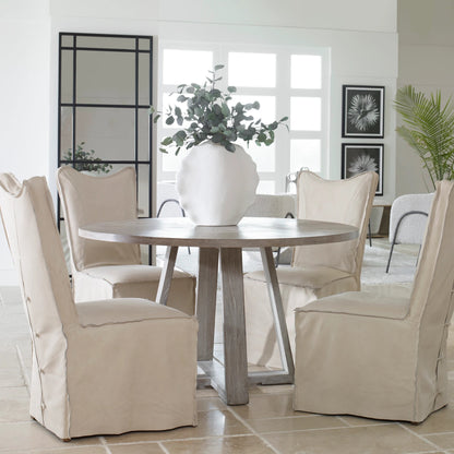 Gidran Dining Table by Uttermost in gray. Made from elm, oak, oak veneer, plywood, iron in a coastal style.