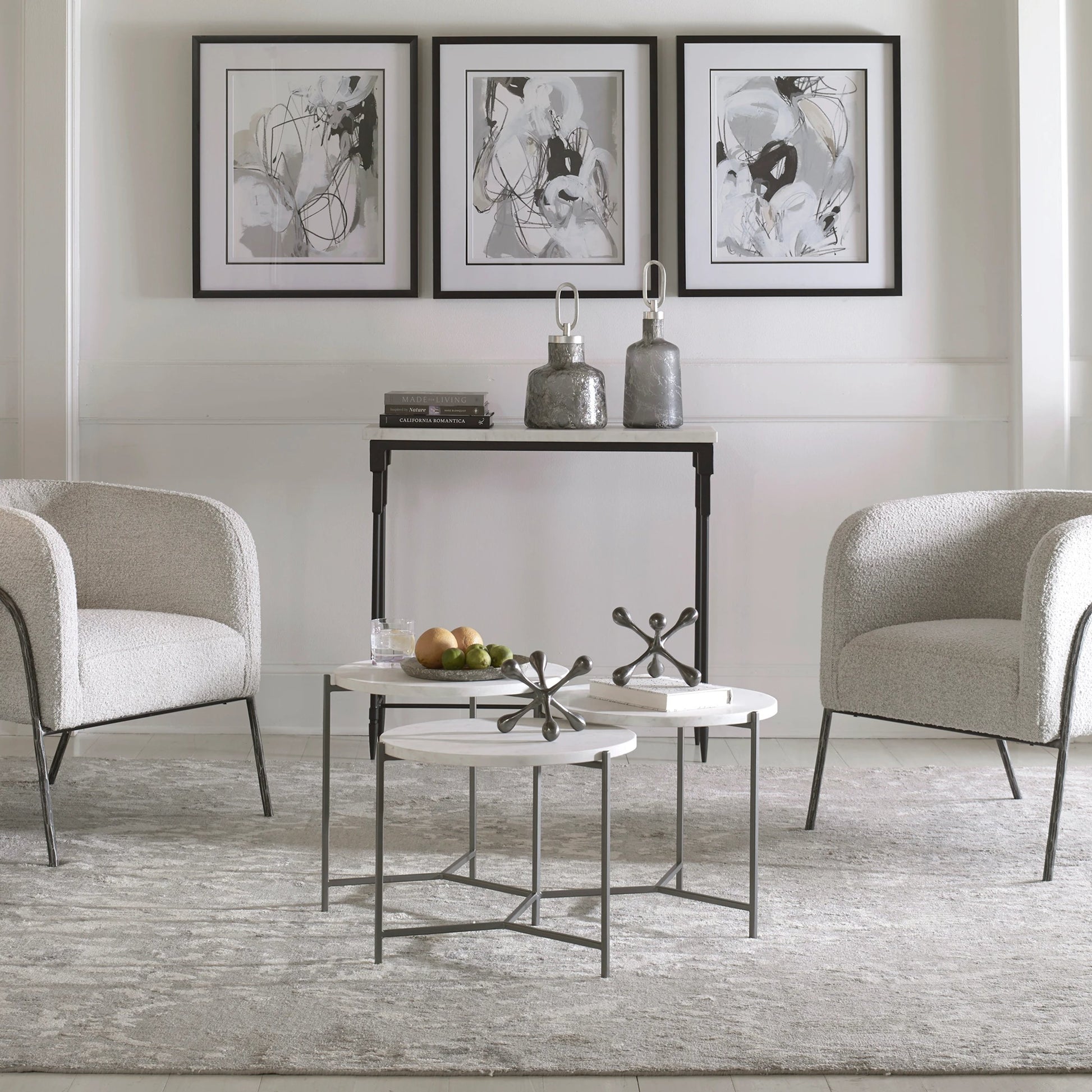 Contarini Tiered Coffee Table by Uttermost. Made from white venetian marble, iron in a modern style.